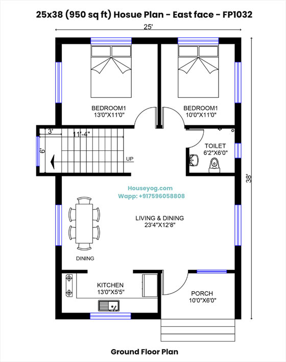 25x38 east facing house plan (950 sq ft) - 2bhk village naksha