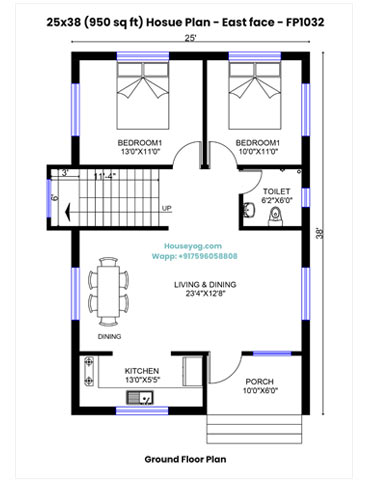 25x38 East Facing House Plan (950 Sq Ft) - 2BHK Village Naksha