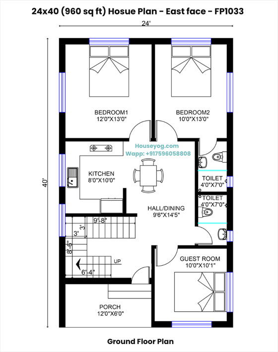 24x40 east facing house plan - 960 sqft, 3 bhk with porch