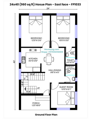 24x40 East Facing House Plan - 960 sqft, 3 BHK with Porch