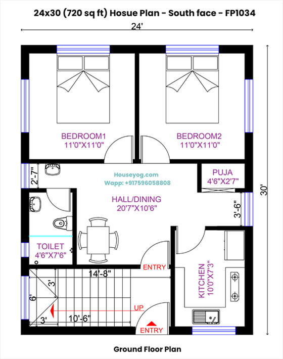 24x30 south facing house plan - 720 sqft, 2 bhk with puja room