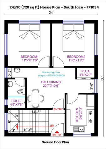 24x30 South Facing House Plan - 720 sqft, 2 BHK with Puja Room