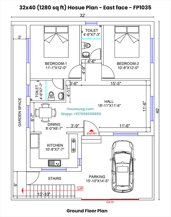 32x40 east facing house plan - 2 bhk with parking on 1280 sqft plot
