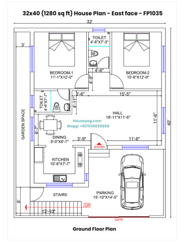 32x40 East Facing House Plan - 2 BHK with parking on 1280 Sqft Plot