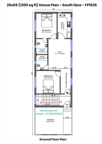 20x65 South Facing House Plan - 1300 sqft, 2 BHK & Parking