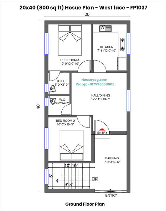 20x40 west facing house plan - 800 sqft, 2 bhk, parking