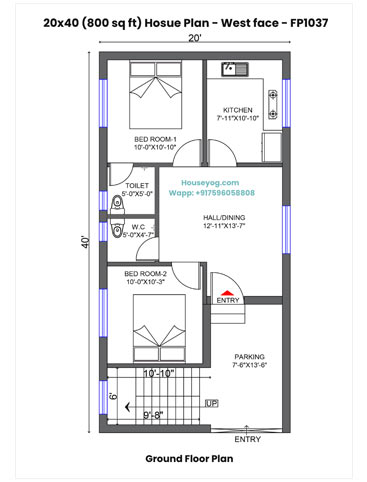 20x40 West Facing House Plan - 800 sqft, 2 BHK, Parking