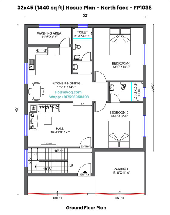 32x45 north facing house plan - 1440 sqft, 2 bhk, parking