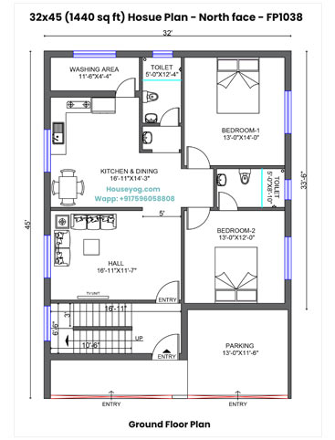 32x45 North Facing House Plan - 1440 sqft, 2 BHK, Parking