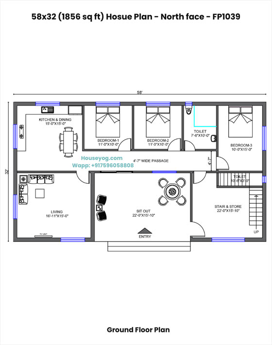 58x32 north facing house plan with dalan - 4bhk village style single floor home design