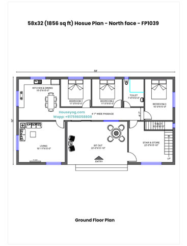 58x32 North Facing House Plan with Dalan - 4BHK Village Style Single Floor Home Design