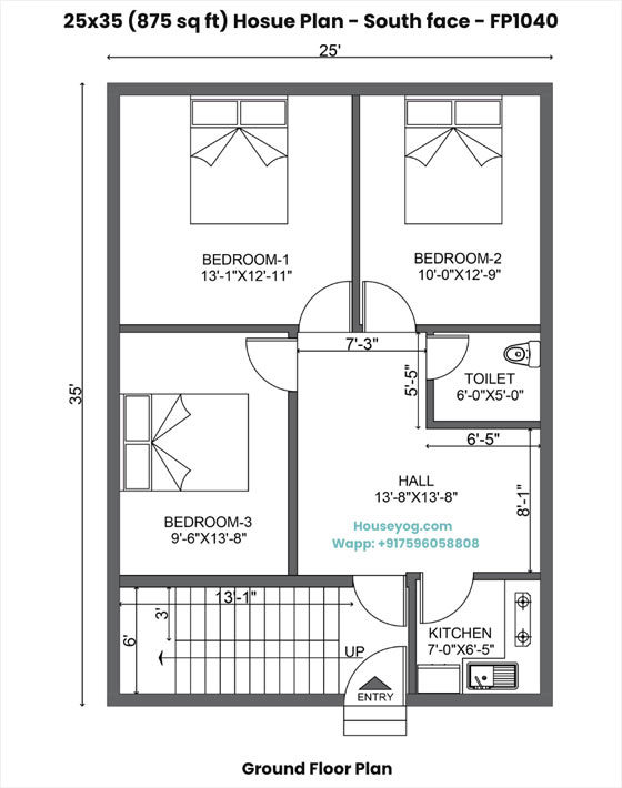 25x35 hosue plan - south facing, 3 bhk, 1 bath