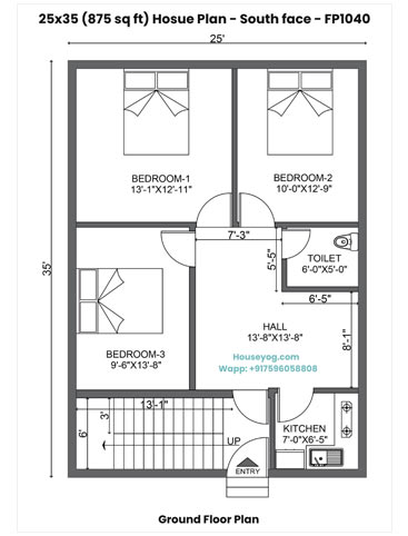 25x35 Hosue Plan - South Facing, 3 BHK, 1 Bath