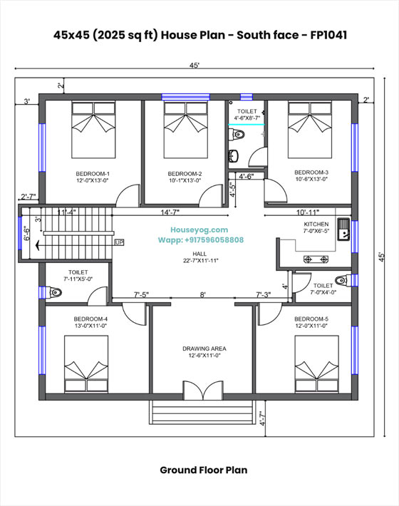 45x45 south facing house plan - 5 bhk, 3 bath single floor design