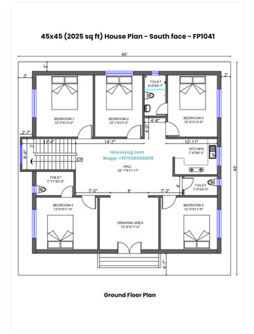 45x45 South Facing House Plan - 5 BHK, 3 Bath Single Floor Design