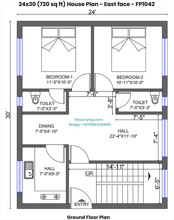 24x30 east facing house plan - 2 bhk single floor design on 720 sqft