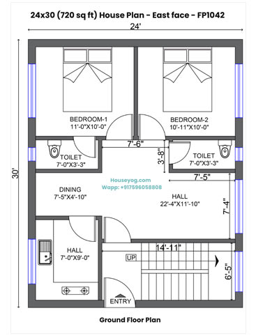24x30 East Facing House Plan - 2 BHK Single Floor Design on 720 Sqft