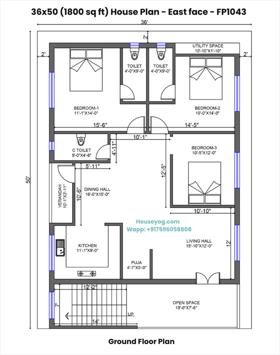 36x50 east facing house plan - 3 bhk single floor design on 1800 sqft plot