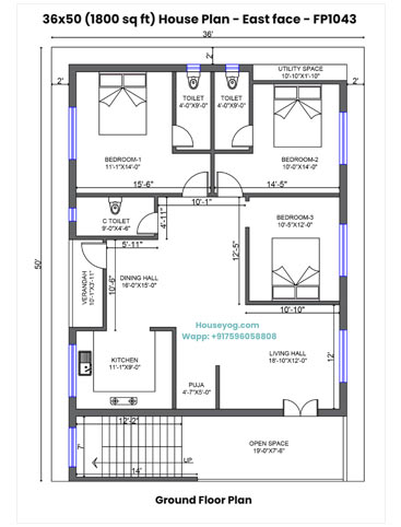 36x50 East Facing House Plan - 3 BHK Single Floor Design on 1800 Sqft Plot