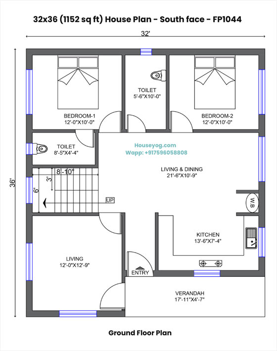32x36 south facing house plan - 3 bhk 1152 sqft village home design