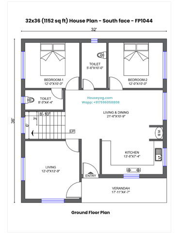 32x36 South Facing House Plan - 3 BHK 1152 Sqft Village Home Design