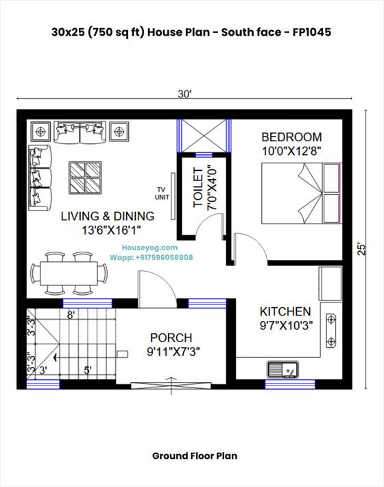 30x25 south facing house plan - 3 bhk duplex with porch on 750 sqft