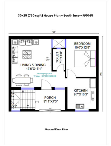 30x25 South Facing House Plan - 3 BHK Duplex with Porch on 750 Sqft