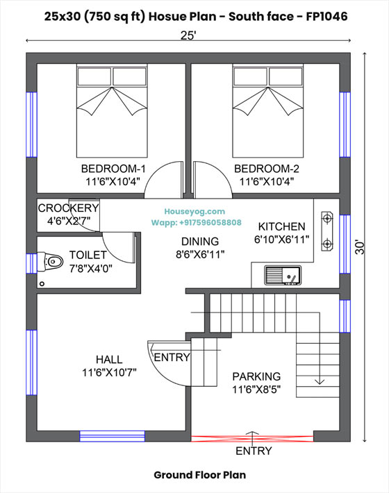 25x30 south facing house plan - 3 bhk single-floor design with parking on 750 sqft