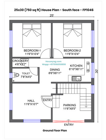 25x30 South Facing House Plan - 3 BHK Single-Floor Design with Parking on 750 Sqft