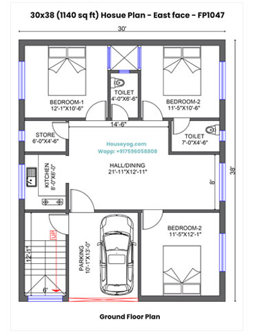 30x38 East Facing House Plan - 3 BHK, 2 Bath, Store & Covered Parking | 1140 Sqft
