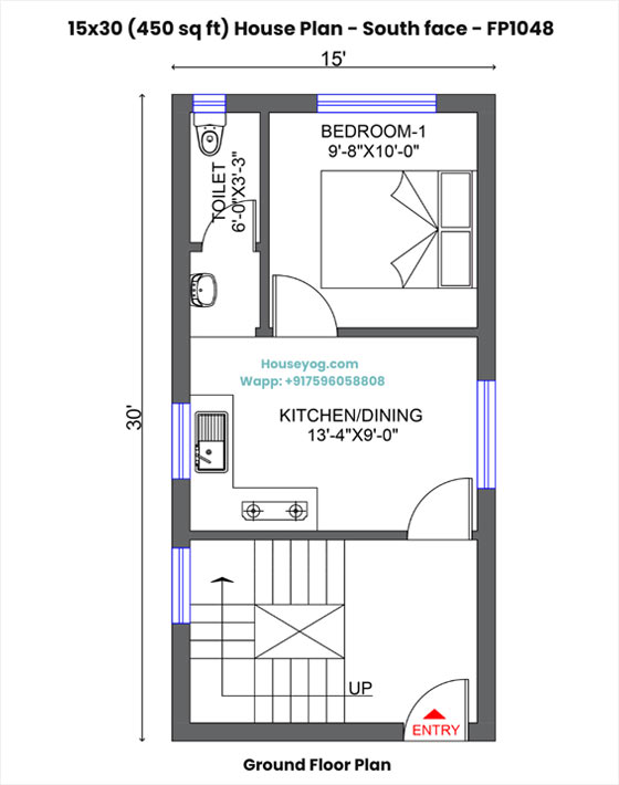 15x30 south facing house plan - 1 bhk small home design with dining & bike parking | 450 sqft