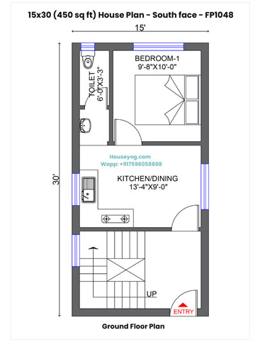 15x30 South Facing House Plan - 1 BHK Small Home Design with Dining & Bike Parking | 450 Sqft