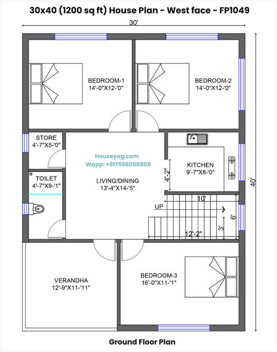 30x40 west facing house plan – 3 bhk single floor design with open parking | 1200 sqft village home