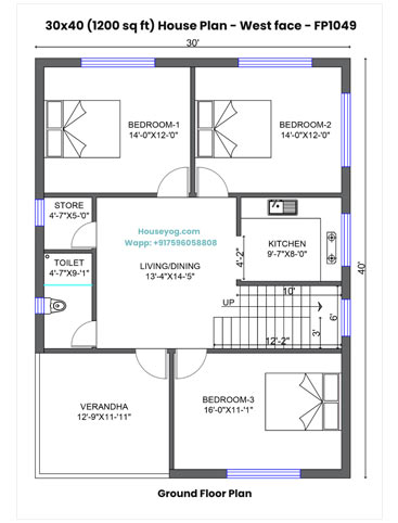 30x40 West Facing House Plan – 3 BHK Single Floor Design with Open Parking | 1200 Sqft Village Home