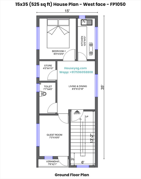 15x35 west facing house plan - 2 bhk single floor village home design | 525 sqft