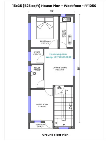 15x35 West Facing House Plan - 2 BHK Single Floor Village Home Design | 525 Sqft