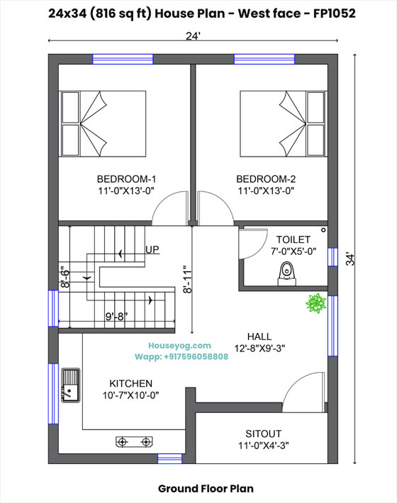 24x34 house plan west facing - 2 bhk village home design with sit-out space