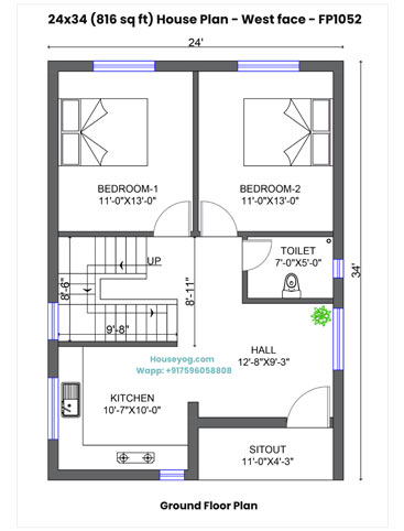 24x34 House Plan West Facing - 2 BHK Village Home Design with Sit-Out Space