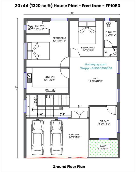 30x44 house plan east facing - 2 bhk village home with lawn, parking & sit-out