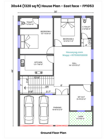 30x44 House Plan East Facing - 2 BHK Village Home with Lawn, Parking & Sit-Out