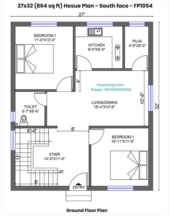 27x32 house plan south facing - 2 bhk single floor home with puja room & utility space