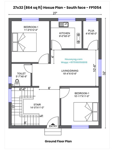 27x32 House Plan South Facing - 2 BHK Single Floor Home with Puja Room & Utility Space