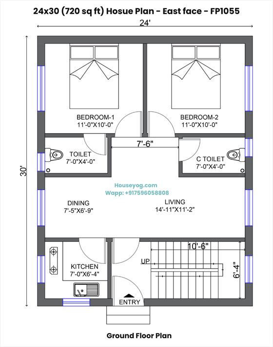 24x30 house plan east facing – 2 bhk single floor with 2 bathrooms and spacious kitchen