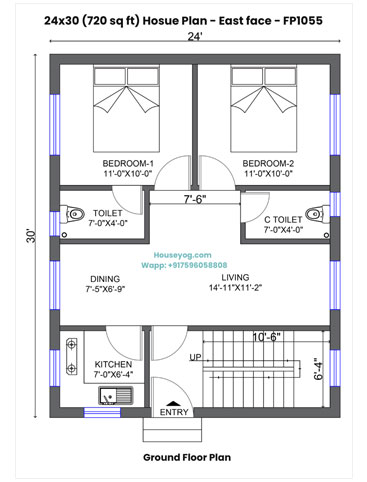24x30 House Plan East Facing – 2 BHK Single Floor with 2 Bathrooms and Spacious Kitchen