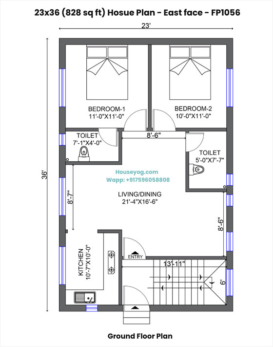 23x36 house plan east facing - 2 bhk single floor with attached & common bath, spacious kitchen