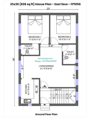 23x36 House Plan East Facing - 2 BHK Single Floor with Attached & Common Bath, Spacious Kitchen