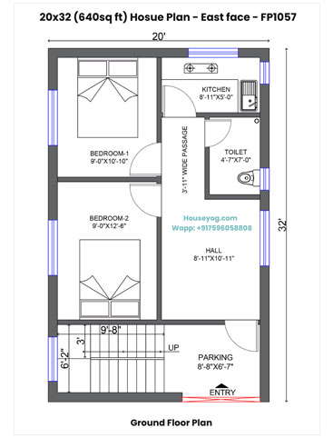 20x32 House Plan East Facing - 2 BHK Single Floor with Parking Space & Expansion Option