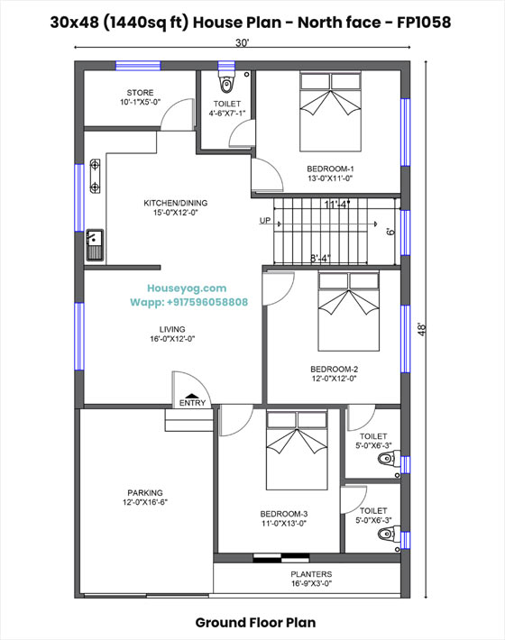 30x48 house plan north facing – 3 bhk with 3 attached baths, car parking on 1440 sqft