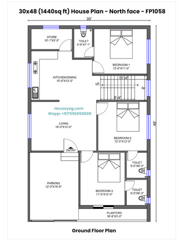 30x48 House Plan North Facing – 3 BHK with 3 Attached Baths, Car Parking on 1440 Sqft