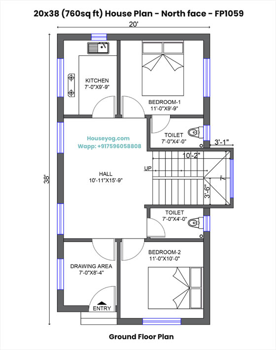 20x38 house plan north facing - 2 bhk with separate drawing room & duplex stairs